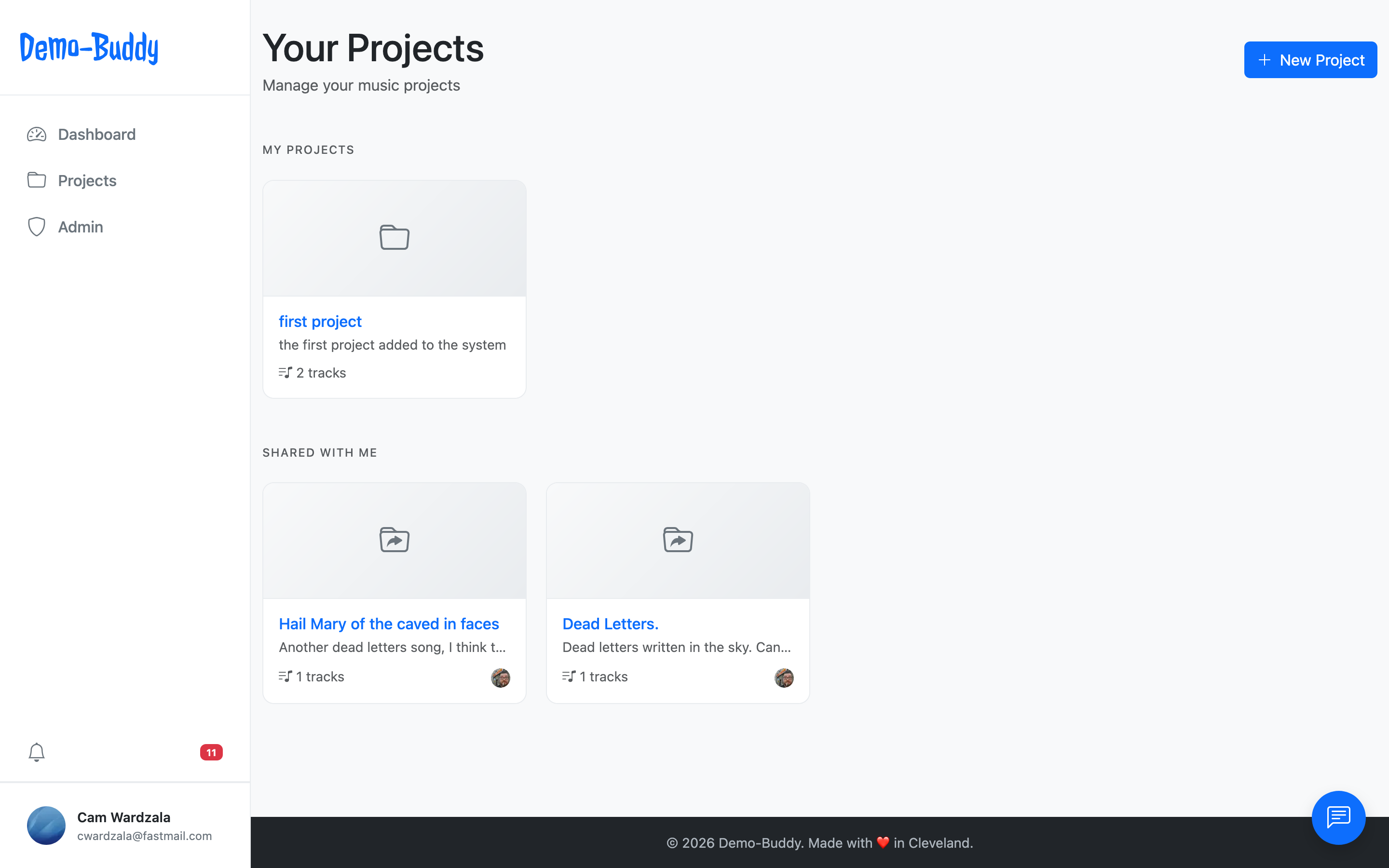 Project dashboard listing audio projects