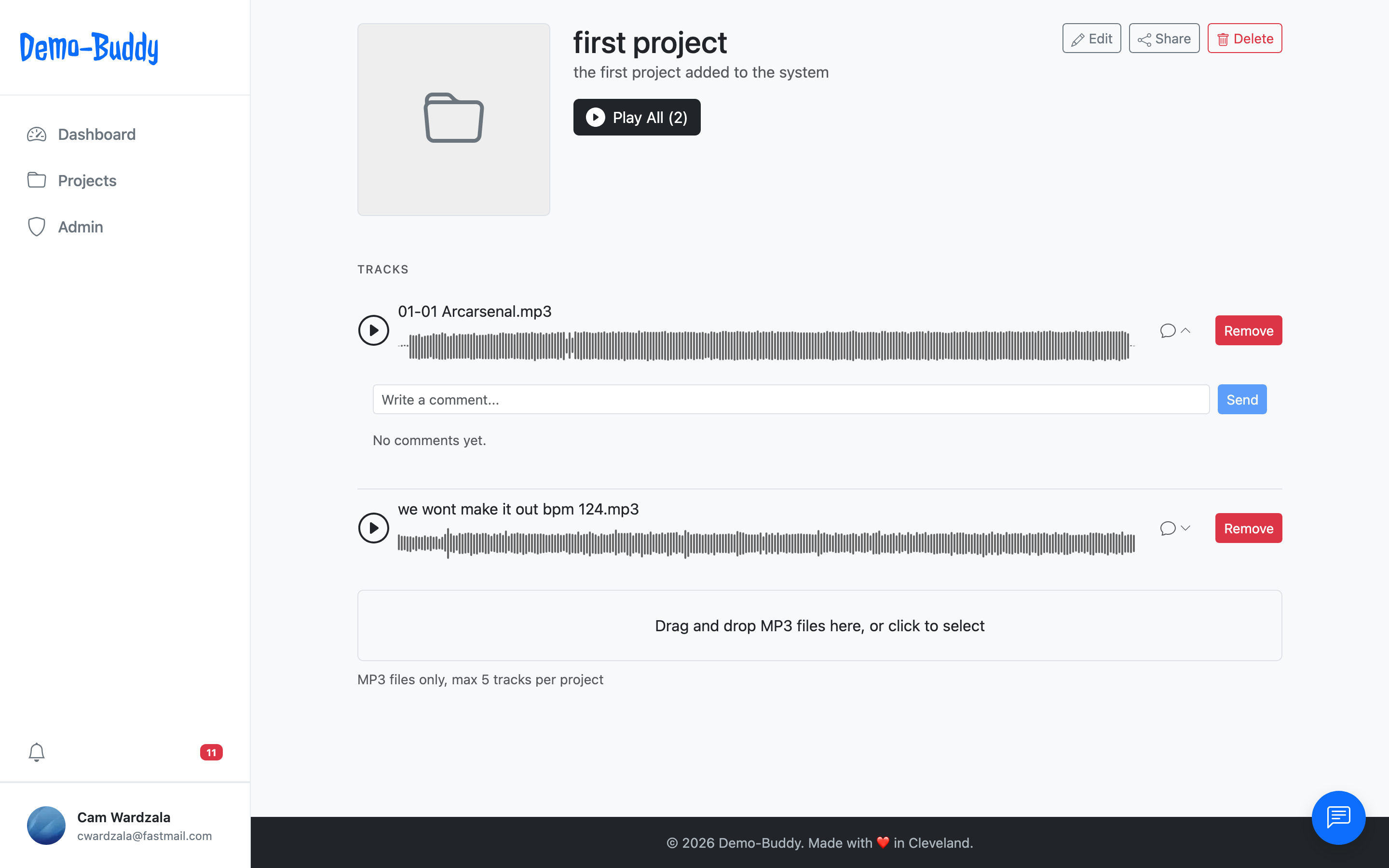 Project page with track player and comments