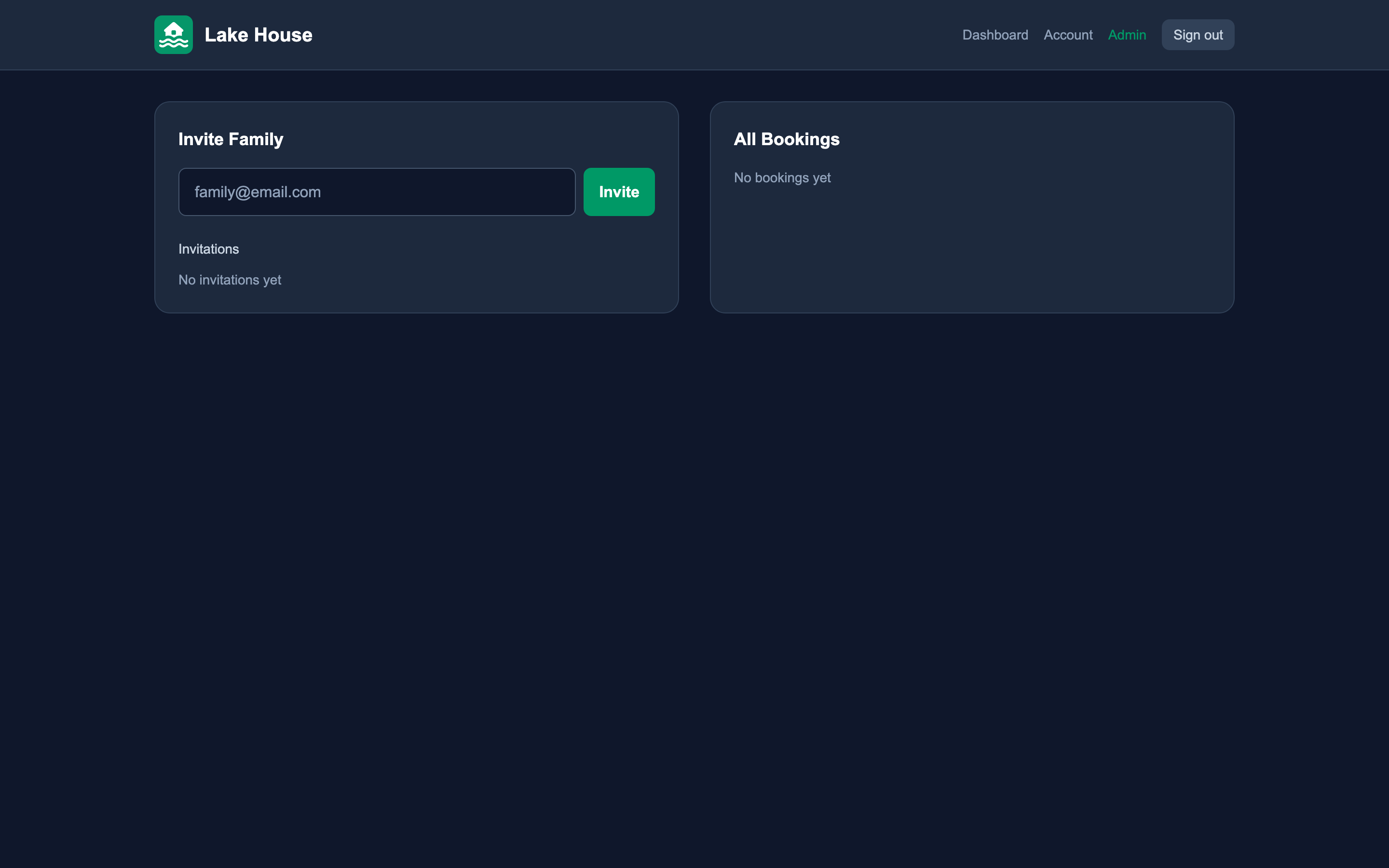 Admin panel for inviting family members and viewing all bookings