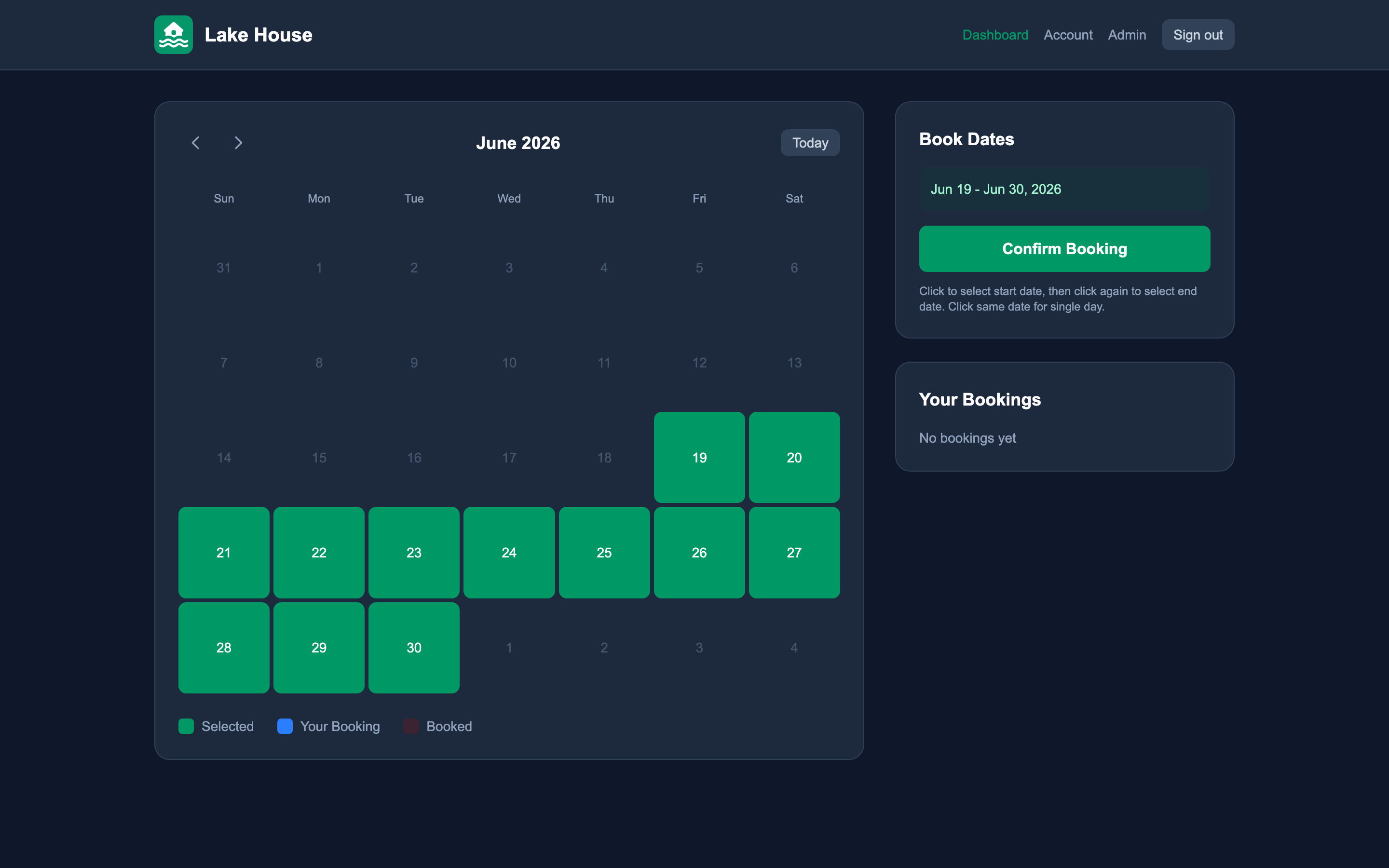 Calendar with a date range selected and confirm booking prompt