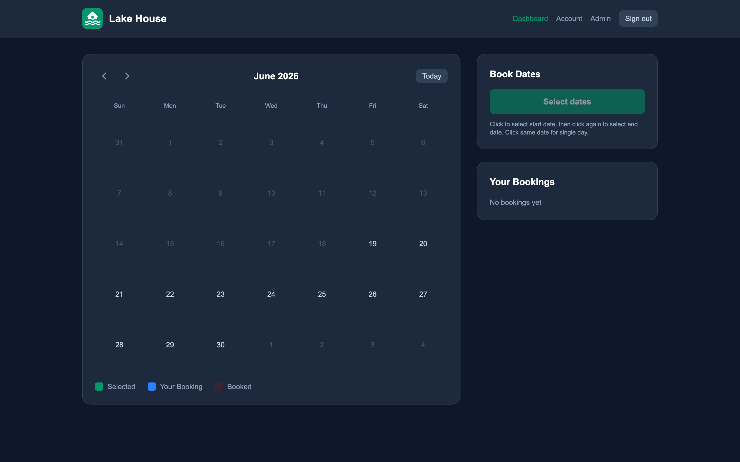 Dashboard showing the monthly calendar view
