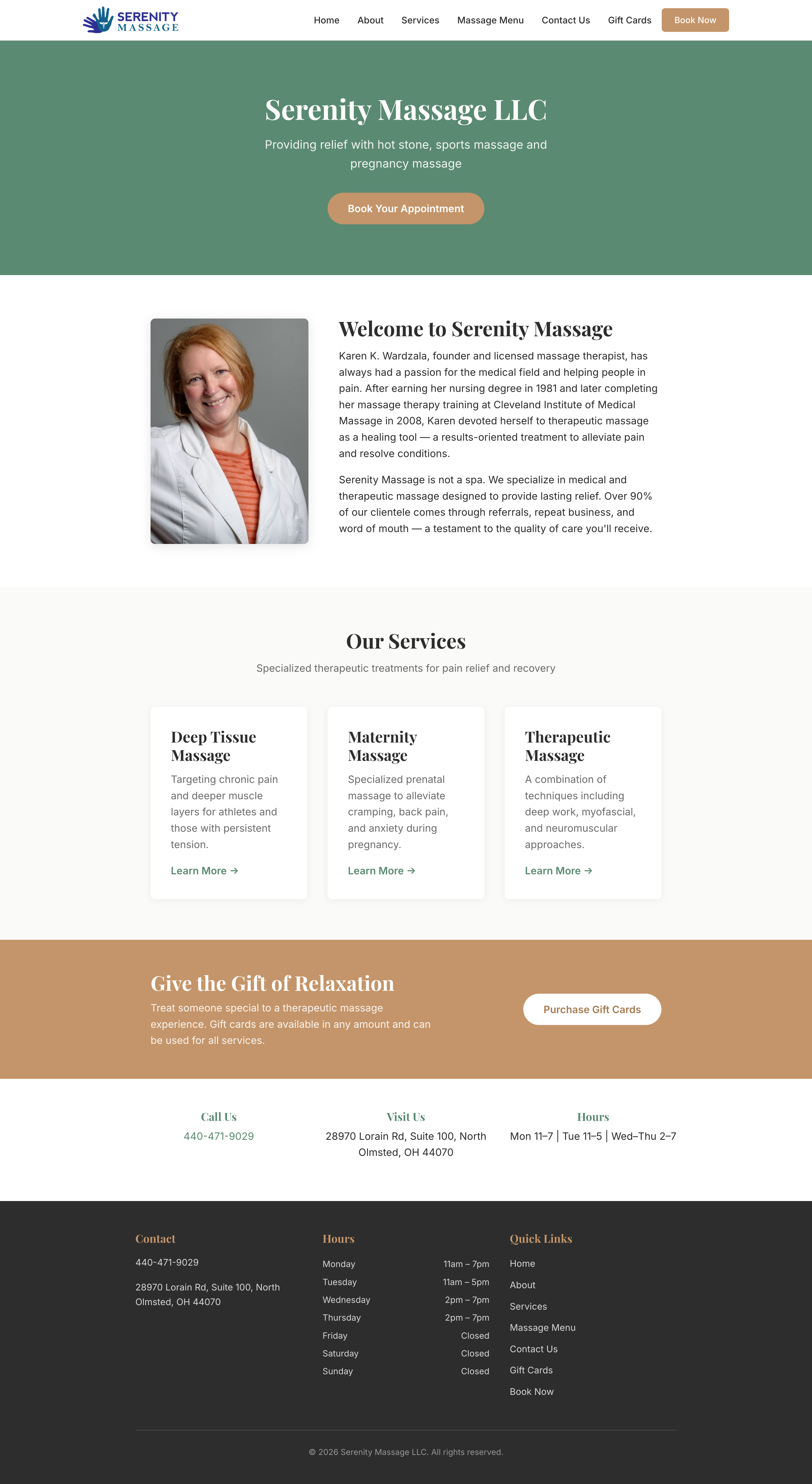 Serenity Massage LLC homepage