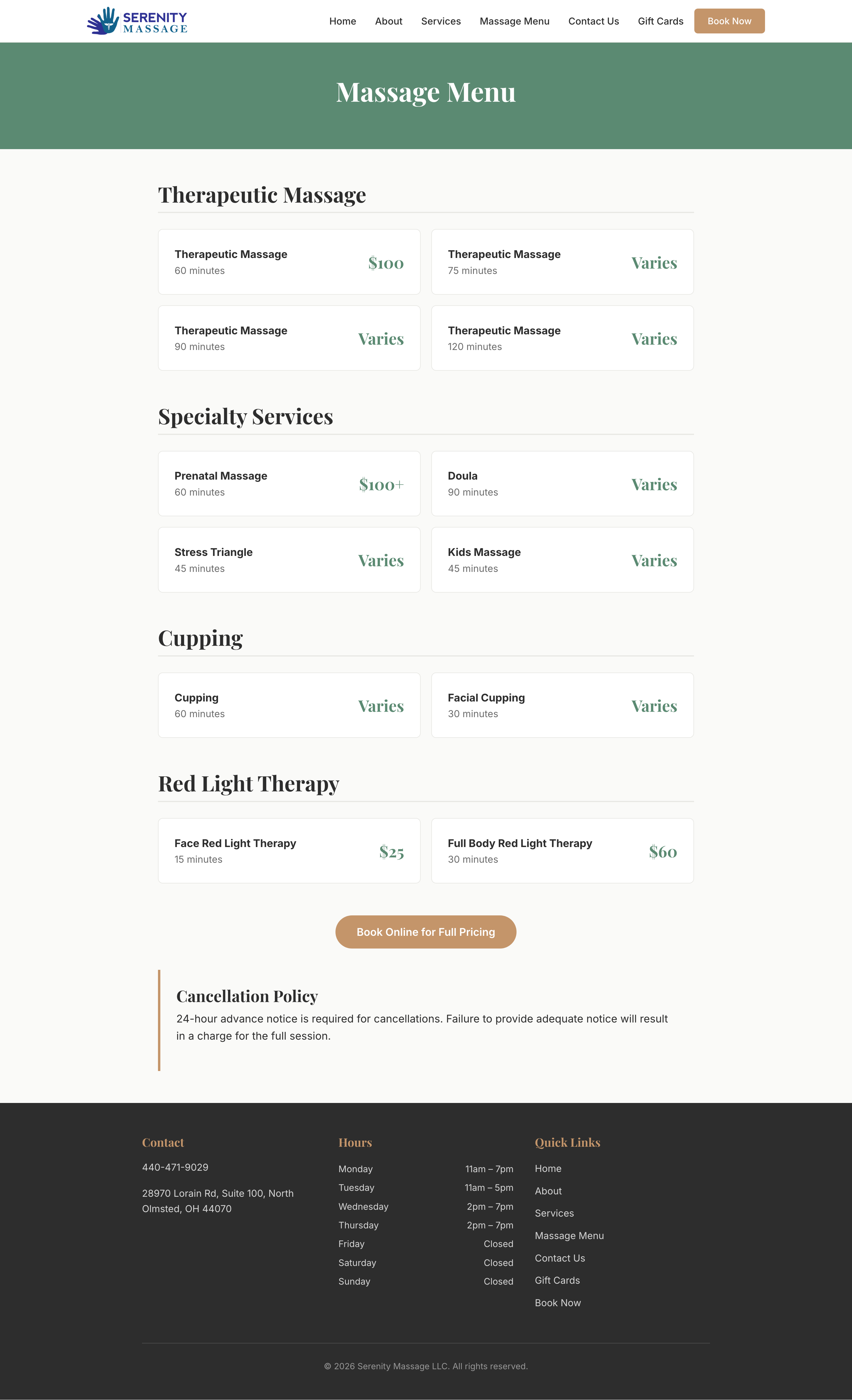 Services page listing massage modalities